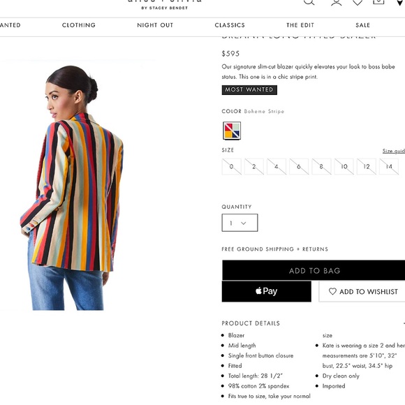 Alice + Olivia Breann Denim Boheme Striped Red Blue Multi Fitted Blazer Jacket - Picture 3 of 16